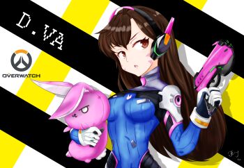 1girl absurdres animal_print armor artist_name blush bodysuit breasts brown_eyes brown_hair character_name copyright_name covered_navel d.va_(overwatch) dated derivative_work facial_mark female_focus gloves gun hand_up handgun headphones high_collar highres holding holding_gun holding_stuffed_toy holding_weapon hwansang long_hair mecha_pilot_suit open_mouth overwatch overwatch_1 parted_bangs pauldrons rabbit rabbit_print reference_work shoulder_armor signature solo stuffed_animal stuffed_rabbit stuffed_toy turtleneck upper_body weapon whisker_markings white_gloves