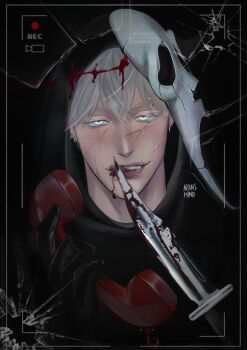 1boy absurdres alternate_costume aransmind artist_name battery_indicator black_background black_cloak blood bloody_knife blue_eyes cloak colored_eyelashes cordless_phone cosplay cracked_mask cracked_screen ear_piercing eyebrow_piercing face_piercing facial_scar ghost_mask ghostface ghostface_(cosplay) gojou_satoru highres holding holding_phone hood hood_up hooded_cloak ibispaint_(medium) jujutsu_kaisen knife licking licking_blade licking_lips licking_weapon lip_piercing mask mask_on_head naughty_face phone piercing recording red-eye_effect scar scar_on_cheek scar_on_chin scar_on_face scar_on_lip scream_(movie) tongue tongue_out viewfinder weapon white_eyelashes white_hair