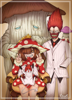 +_+ 1boy 1girl absurdres black_shirt blouse blue_eyes blunt_bangs boku_no_hero_academia brown_eyes brown_hair chair dark_souls_(series) dark_souls_i dorohedoro dungeon_meshi en_(dorohedoro) hair_over_one_eye hand_in_pocket highres kikurage_(dorohedoro) komori_kinoko looking_at_viewer mushroom mushroom_parent necktie pinstripe_pattern pinstripe_shirt polka_dot red_hair red_neckwear sanpaku shirt sitting standing striped symbol-shaped_pupils teeth tongue tongue_out trait_connection user_kpek8283 v walking_mushroom_(dungeon_meshi) x-shaped_pupils