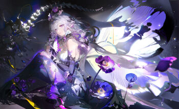 1girl bare_shoulders black_tiara bone breasts castorice_(honkai:_star_rail) chinese_commentary commentary_request dress flower gloves hair_flower hair_ornament highres honkai:_star_rail honkai_(series) long_hair looking_at_viewer medium_breasts pointy_ears purple_eyes purple_flower ruoganzhao solo spine tiara twintails very_long_hair white_dress white_hair