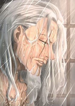 Rule 34 | 1boy, beard, commentary request, facial hair, highres, long hair, looking ahead, male focus, musasabiop, mustache stubble, one piece, parted lips, profile, rain, scar, scar across eye, scar on chest, scar on face, silvers rayleigh, solo, stubble, wet, wet hair, white hair, window