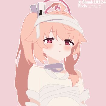 1girl ahoge bandages blue_archive blush closed_mouth flat_chest halo hashtag-only_commentary highres long_hair looking_at_viewer mummy_costume naked_bandage natsu_(blue_archive) pink_background pink_eyes pink_hair pink_halo pixel_art side_ponytail simple_background slmnk10124 solo upper_body
