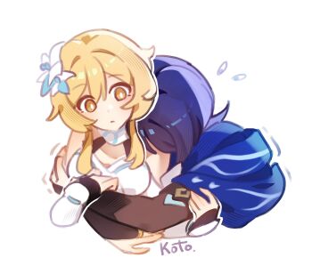 Rule 34 | 1boy, 1girl, armor, artist name, blonde hair, blue cape, blue flower, blue hair, blue trim, blunt ends, bridal gauntlets, bright pupils, brown bridal gauntlets, cape, closed mouth, commentary, cropped torso, dress, english commentary, flower, flying sweatdrops, genshin impact, gold ring, hair flower, hair ornament, halterneck, hand on another's arm, head on another's shoulder, hetero, highres, hug, hug from behind, japanese armor, kote, kotokate, kurokote, lumine (genshin impact), middle ring, multicolored flower, multicolored hair, purple hair, scaramouche (genshin impact), scarf, short hair, short hair with long locks, sidelocks, streaked hair, tareme, trembling, wanderer (genshin impact), white background, white dress, white flower, white pupils, white scarf, white trim, yellow eyes