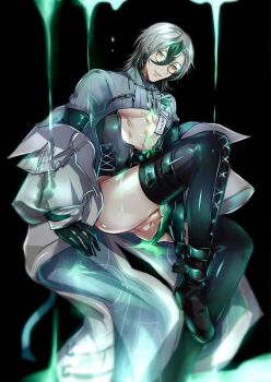 1boy ass black_background black_hair boots breasts chemicals clothing_cutout coat earrings glasses gloves glowing glowing_liquid green_eyes grey_hair hair_down hair_ornament jewelry knees_up liquid looking_at_viewer male_focus midriff mole mole_on_breast mole_on_chest mole_on_taint mole_under_mouth multicolored_hair no_pants nu_carnival off-shoulder_coat off_shoulder parted_lips penis rei_(nu_carnival) short_hair smile smug stomach_cutout strap teeth testicles thighhighs thighhighs_under_boots yadome810