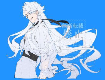 1boy alternate_hair_length alternate_hairstyle black_ribbon blue_background blue_eyes cowboy_shot cropped_legs hair_between_eyes hair_over_one_eye long_hair long_sleeves looking_at_viewer male_focus neck_ribbon nice_(to_be_hero_x) omizu000_000 open_mouth pants parted_bangs puffy_long_sleeves puffy_sleeves ribbon shirt smile solo to_be_hero to_be_hero_x twitter_username white_hair white_pants white_shirt