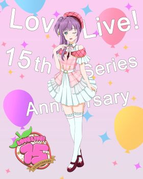 1girl ;d alternate_costume bare_shoulders collared_dress commentary_request dress frilled_thighhighs frills full_body green_eyes hair_bun highres kujo_awenn link!_like!_love_live! long_hair looking_at_viewer love_live! mary_janes neck_ribbon off_shoulder one_eye_closed open_mouth otomune_kozue pink_background pink_ribbon pink_shirt purple_hair red_shoes ribbon shirt shoes side_ponytail single_side_bun smile solo sparkle_background text_background thighhighs virtual_youtuber white_dress white_thighhighs