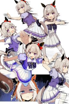 2girls animal_ears blue_eyes blush bow breasts brown_hair closed_mouth commentary_request curren_chan_(umamusume) ear_bow ear_covers ear_ornament fighting_stance flying_kick grey_hair hair_between_eyes hair_intakes highres horse_ears horse_girl horse_tail kicking long_hair multicolored_hair multiple_girls open_mouth orange_hair orfevre_(umamusume) puffy_short_sleeves puffy_sleeves purple_bow purple_eyes purple_sailor_collar purple_serafuku purple_shirt purple_skirt red_bow sailor_collar sailor_shirt school_uniform serafuku shirt short_hair short_sleeves simple_background single_ear_cover skirt smile tail teeth thighhighs to_zaemon tracen_school_uniform two-tone_hair umamusume upper_teeth_only white_hair white_sailor_collar white_skirt white_thighhighs