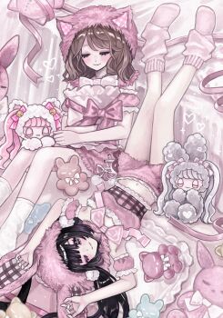 2girls animal_ear_hood arms_up bed black_hair blush bow brown_hair closed_eyes closed_mouth commentary crop_top detached_sleeves fake_animal_ears full_body hair_between_eyes highres hood leg_warmers looking_at_viewer min_(mts2314) multiple_girls on_floor one_eye_closed original pink_bow pink_hood pink_leg_warmers pink_shirt pink_shorts pink_socks shirt short_sleeves shorts sitting smile socks stuffed_toy upside-down