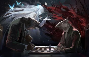 1girl absurdres bad_link bear bird board_game chair chess closed_eyes commander_(girls&#039;_frontline) desk dress eagle formal_clothes girls&#039;_frontline highres key_visual lunasia_(girls&#039;_frontline) necktie official_art promotional_art shirt suit white_shirt