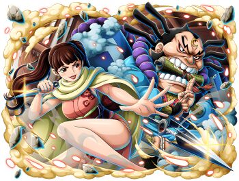 1boy 1girl ass attack bare_legs breasts brown_hair cleavage curvy facial_mark holding holding_kimono holding_weapon japanese_clothes jumping kimono kneeling kunai large_breasts long_hair looking_ahead ninja obi official_art one_piece one_piece_treasure_cruise pink_kimono raizo_(one_piece) sandals sash scarf serious shinobu_(one_piece) shiny_skin short_kimono sky smile teamwork throwing_kunai transparent_background tree twintails v-shaped_eyebrows weapon weapon_on_back wide_hips yellow_scarf