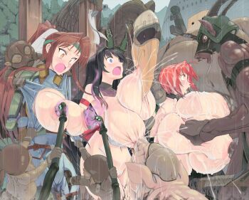 3girls 6+boys ahegao breast_sucking breasts captured gigantic_breasts goblin hetero huge_breasts jajala lactation large_breasts milk minotaur monster multiple_boys multiple_girls nipple_penetration orc original outdoors penis rain rape size_difference