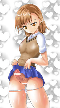 Rule 34 | 00s, 1futa, bar censor, brown eyes, brown hair, censored, futanari, heart, koyama takahiro, misaka mikoto, penis, school uniform, solo, toaru kagaku no railgun, toaru majutsu no index