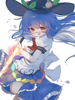 Rule 34 | 1girl, apron, back bow, black hat, blue hair, blue skirt, bow, bowtie, commentary, falling petals, fire, flaming sword, flaming weapon, foot out of frame, frilled skirt, frills, hat, highres, hinanawi tenshi, holding, holding sword, holding weapon, index finger raised, knees, long hair, looking at viewer, open mouth, peach hat ornament, petals, puffy short sleeves, puffy sleeves, rainbow order, red bow, red bowtie, red eyes, shirt, short sleeves, skirt, smile, solo, sword, sword of hisou, touhou, weapon, white apron, white background, white bow, white shirt, yuanyuanshao