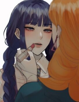 2girls applying_another&#039;s_makeup applying_lipstick applying_makeup blue_eyes blue_hair boruto:_two_blue_vortex braid cosmetics delta_(boruto) diagonal-striped_clothes diagonal-striped_necktie earrings eyelashes gloves half_gloves holding holding_lipstick_tube ifevilwhyuhot jewelry kakei_sumire lipstick_tube low_twin_braids makeup multiple_girls naruto_(series) necktie orange_hair orange_nails parted_lips pink_lips striped_clothes triangle_earrings twin_braids