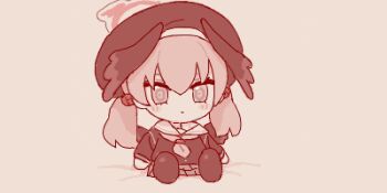 Rule 34 | 1girl, beret, blue archive, blush, character doll, chibi, doll, halo, hat, head wings, imageboard colors, koharu (blue archive), long hair, low twintails, lowres, maibotsumou, monochrome, neckerchief, oekaki, red theme, sailor collar, school uniform, serafuku, simple background, sitting, solo, twintails, wings