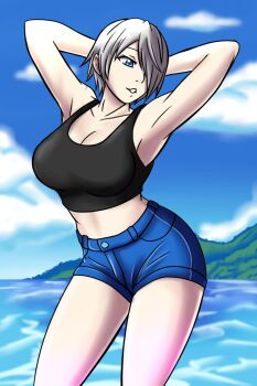 1girl angel_(kof) beach blue_eyes breasts coast denim female_focus frostart hands_up highres jeans large_breasts nature outdoors pale_skin pants shirt short_hair shorts standing tank_top the_king_of_fighters thighs water white_hair