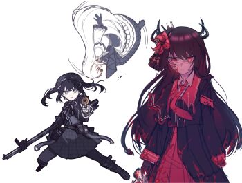 Rule 34 | 3girls, absurdres, armband, bai weizi lingzi, black hair, black hat, black horns, black shirt, black skirt, closed mouth, commentary request, dress, extra eyes, flower, grey eyes, gun, hair flower, hair ornament, hat, highres, holding, holding gun, holding weapon, horns, jumping, kurobe nanoka, long hair, long sleeves, looking at viewer, mahou shoujo no majo saiban, midair, multiple girls, neck ribbon, necktie, nikaido hiro, pleated skirt, red armband, red eyes, red necktie, ribbon, rifle, shirt, simple background, skirt, spoilers, standing, tsukishiro yuki, twintails, weapon, white background, white dress, white hair, witch (manosaba)