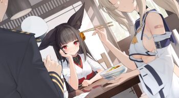 Rule 34 | 1boy, 2girls, alternate costume, animal ears, ayanami (azur lane), ayanami (retrofit) (azur lane), azur lane, blurry, blurry foreground, breasts, chinese commentary, chopsticks, closed mouth, commander (azur lane), commentary request, dalian (1457091741), depth of field, dutch angle, fox ears, fox girl, highres, holding, holding chopsticks, japanese clothes, long hair, medium breasts, multiple girls, nagato (azur lane), nagato (old design) (azur lane), red eyes, revision, sitting, small breasts, underboob