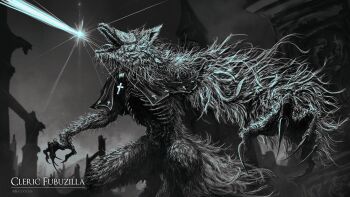 artist_name baloolax blindfold bloodborne city claws cleric_beast cleric_beast_(cosplay) cosplay cross cross_necklace crossover energy_beam english_text fang greyscale highres hololive jewelry monochrome monster necklace ribs shirakami_fubuki squatting tongue tongue_out virtual_youtuber