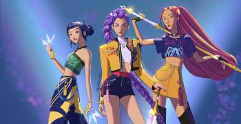 Rule 34 | 3girls, black boots, black gloves, black hair, black shorts, blue background, boots, braid, braided ponytail, brown eyes, choker, closed mouth, colored eyebrows, commentary, crop top, cropped jacket, double bun, earrings, english commentary, fingerless gloves, glint, gloves, hair bun, halterneck, highres, holding, holding polearm, holding weapon, jennifersanflip, jewelry, kpop demon hunters, long hair, mira (kpop demon hunters), multiple girls, pants, pink hair, pink lips, planted, planted sword, planted weapon, polearm, purple hair, rumi (kpop demon hunters), shorts, sidelocks, skirt, sword, thigh boots, turtleneck, twitter username, weapon, yellow skirt, zoey (kpop demon hunters)