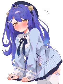 1girl absurdres ahoge amamiya_kokoro amamiya_kokoro_(1st_costume) beret black_hat blue_dress blue_hair blue_jacket blue_skirt blush closed_mouth commentary_request dress hat highres jacket long_hair nijisanji skirt solo tepenchi thighhighs virtual_youtuber white_thighhighs yellow_eyes