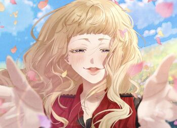 Rule 34 | 1girl, blonde hair, blue eyes, blunt bangs, blurry, blurry background, blush, dress, falling petals, gnosia, half-closed eyes, highres, kukrushka (gnosia), lens flare, open mouth, orz c0, petals, reaching, reaching towards viewer, red dress, see-through clothes, see-through sleeves, solo, thick eyelashes