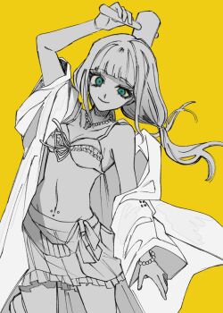 Rule 34 | 1girl, arm up, bead bracelet, bead necklace, beads, bikini, bikini top only, blue eyes, blunt bangs, bracelet, breasts, commentary request, cowboy shot, danganronpa (series), danganronpa v3: killing harmony, eyelashes, frills, half-closed eye, hamipuro, hammer, highres, holding, holding hammer, jewelry, long hair, long sleeves, looking at viewer, low twintails, navel piercing, necklace, off shoulder, partial commentary, piercing, raincoat, shell, shell necklace, skirt, smile, solo, spot color, swimsuit, twintails, yellow background, yellow raincoat, yonaga angie