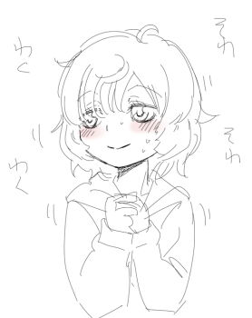 1girl ahoge blush greyscale hands_together hood hood_down hoodie long_sleeves magia_record:_mahou_shoujo_madoka_magica_gaiden mahou_shoujo_madoka_magica miwa_mitsune monochrome short_hair sketch smile solo split_mouth sweat upper_body you2