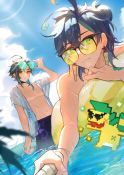 2boys absurdres ajaw_(genshin_impact) black_hair black_male_swimwear blonde_hair closed_mouth commentary_request earrings eyewear_on_head genshin_impact glasses green_eyes green_hair hair_between_eyes highres innertube jacket jewelry kinich_(genshin_impact) male_focus male_swimwear mashiro_io multicolored_hair multiple_boys navel open_clothes open_jacket short_hair stomach swim_ring swimsuit topless_male white_jacket xiao_(genshin_impact) yellow-framed_eyewear yellow_eyes