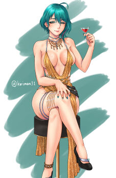 ahoge anklet asymmetrical_hair backless_dress backless_outfit bar_stool bare_legs breasts breasts_apart cocktail_dress cocktail_glass cowl_neck crossed_legs cup dead_or_alive dead_or_alive_xtreme dead_or_alive_xtreme_venus_vacation dress drinking_glass foot_out_of_frame glitter_dress gold_dress green_eyes green_hair halter_dress halterneck hand_on_own_knee high_heels highres jewelry kirishima_(kiriman31) medium_breasts mole mole_under_eye multicolored_nails necklace no_bra plunging_neckline red_streaks revealing_clothes sitting smirk stool tamaki_(doa) thighlet toasting_(gesture) twitter_username two-tone_background