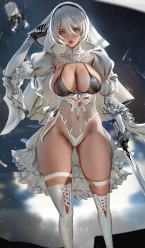 1girl 2b_(nier:automata) artist_name bikini bikini_top_only black_bikini black_gloves breasts bridal_veil bride bright_pupils cleavage cleavage_cutout clothing_cutout dress drone elbow_gloves floating gloves gluteal_fold grey_eyes hair_between_eyes high-low_dress high-low_skirt highleg highleg_leotard highres holding holding_sword holding_weapon katana large_breasts leotard mole mole_under_mouth nier:automata nier_(series) non-humanoid_robot pod_(nier:automata) puffy_sleeves rached ribbon robot science_fiction see-through_clothes short_hair skirt solo swimsuit sword thigh_strap thighhighs thighs two-tone_gloves veil virtuous_contract weapon wedding_dress white_hair white_leotard white_pupils white_ribbon white_skirt white_thighhighs