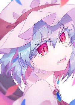 1girl bat_wings blue_gemstone blue_hair bow dress fo_ris gem hat highres mob_cap open_mouth red_eyes remilia_scarlet ribbon short_hair smile solo touhou vampire wings