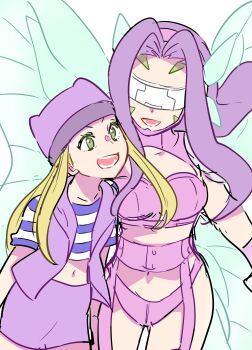 Rule 34 | 2girls, :d, absurdres, belt, bikini, blonde hair, breasts, butterfly hair ornament, butterfly wings, commentary request, covered eyes, cowboy shot, cropped shirt, digimon, digimon (creature), digimon frontier, facial mark, fairimon, flat chest, garter straps, gloves, gotm tknr, green eyes, hair ornament, hairband, hat, head-mounted display, highres, insect wings, large breasts, long hair, looking at another, midriff, multiple girls, navel, open clothes, open mouth, open vest, orimoto izumi, parted bangs, pencil skirt, purple belt, purple bikini, purple hair, purple hairband, purple hat, purple shirt, purple skirt, purple vest, shirt, short sleeves, shoulder pads, skirt, smile, standing, striped clothes, striped shirt, swimsuit, teeth, vest, white background, wings