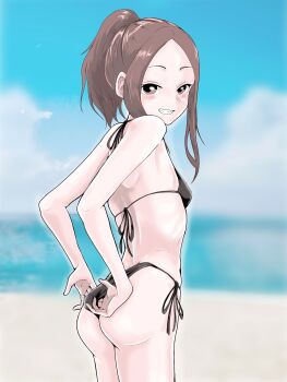 Rule 34 | 1girl, absurdres, adjusting clothes, adjusting swimsuit, ass, beach, bikini, black bikini, blue sky, blurry, blurry background, breasts, brown eyes, brown hair, clenched teeth, cloud, commentary request, day, grin, hatomugi (user datj4345), highres, karakai jouzu no (moto) takagi-san, karakai jouzu no takagi-san, looking at viewer, ocean, outdoors, short hair, side-tie bikini bottom, sidelocks, sky, small breasts, smile, solo, swimsuit, takagi-san, teeth