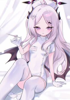 1girl ahoge black_halo blue_archive blush breasts commentary_request demon_girl demon_horns demon_wings halo highres hina_(blue_archive) horns indoors long_hair looking_at_viewer low_wings nurse purple_eyes siho_is_alien sitting small_breasts solo thighhighs very_long_hair white_hair white_thighhighs wings