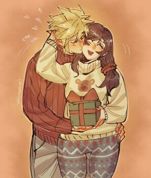 1boy 1girl absurdres alternate_costume artist_name black_hair blonde_hair blush box casual christmas christmas_present closed_eyes cloud_strife commentary couple cowboy_shot earrings english_commentary final_fantasy final_fantasy_vii gift gift_box hair_ornament hair_over_shoulder hair_scrunchie hand_on_another's_head hand_on_another's_hip heart hetero highres holding holding_gift jewelry kiss kissing_cheek long_hair long_sleeves motion_lines open_mouth red_scrunchie red_sweater scrunchie simple_background single_earring smile spiked_hair straight-on strawderryst sweater tifa_lockhart turtleneck turtleneck_sweater twitter_username white_sweater