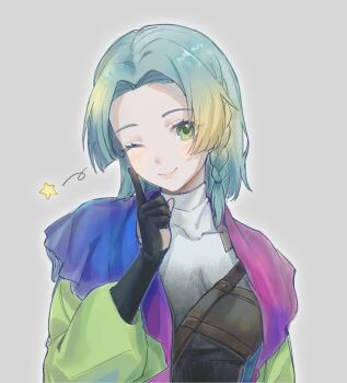 Rule 34 | 1girl, ;), aqua hair, blonde hair, blush, braid, braided sidelock, genderswap, genderswap (otf), gloves, gnosia, gradient hair, green eyes, hashtag-only commentary, highres, ichigo (hanmian114514), jacket, looking at viewer, medium hair, multicolored hair, multicolored jacket, one eye closed, partially fingerless gloves, simple background, smile, solo, star (symbol), turtleneck, upper body, white background, yuri (gnosia)