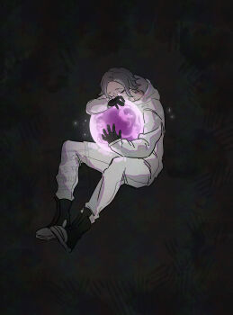 1boy absurdres abura_99 aotsuki_eito black_background black_gloves black_shoes closed_eyes commentary_request floating glasses gloves grey_hair highres hugging_object jacket male_focus negative_space orb pants shoes short_hair solo the_hundred_line_-last_defense_academy- watermark white_jacket white_pants