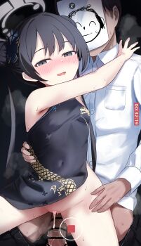 1boy 1girl absurdres bar_censor black_dress black_hair blue_archive blush breasts censored china_dress chinese_clothes commentary_request doodle_sensei_(blue_archive) double_bun dragon_print dress hair_bun halo hetero highres kisaki_(blue_archive) loli penis satou_(www_nemu) sensei_(blue_archive) shirt sleeveless sleeveless_dress small_breasts twintails white_shirt