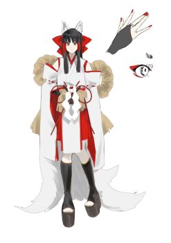 1girl alternate_costume animal_ear_fluff animal_ears babaiwan_fengchui black_hair black_socks bridal_gauntlets brown_eyes clothing_request detached_sleeves fox_ears fox_tail hair_tubes hakurei_reimu highres japanese_clothes kemonomimi_mode kimono kitsune kneehighs looking_at_viewer multiple_tails platform_sandals red_nails red_skirt ribbon-trimmed_sleeves ribbon_trim sandals simple_background skirt socks solo tail toeless_socks toes touhou white_background white_kimono