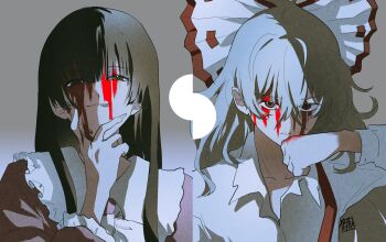 2girls black_hair blood blood_on_face blood_on_hands bow fujiwara_no_mokou hair_bow highres hime_cut houraisan_kaguya licking_lips long_hair long_sleeves mochitose_aguri multiple_girls ofuda ofuda_on_clothes red_eyes shirt smile suspenders tongue tongue_out touhou white_bow white_hair white_shirt