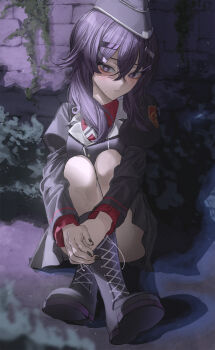 Rule 34 | 1girl, black boots, black hat, black jacket, black nails, black skirt, blue archive, blush, boots, closed mouth, commentary request, crossed legs, hair between eyes, halo, haruka (blue archive), hat, highres, hugging own legs, jacket, kangshi, knee boots, long hair, purple eyes, purple hair, purple halo, sailor hat, sitting, skirt, solo