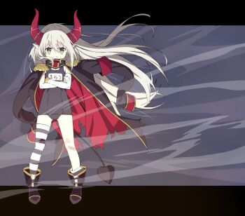 Rule 34 | 1girl, akitetsu, bandaid, bandaid on knee, bandaid on leg, boots, coat, coat on shoulders, crossed arms, demon girl, demon horns, demon tail, emma august, epaulettes, flat chest, floating hair, full body, grey hair, gunbuster pose, highres, horns, long hair, looking at viewer, name tag, nijisanji, pointy ears, school swimsuit, serious, single thighhigh, solo, swimsuit, tail, thighhighs, virtual youtuber, yellow eyes