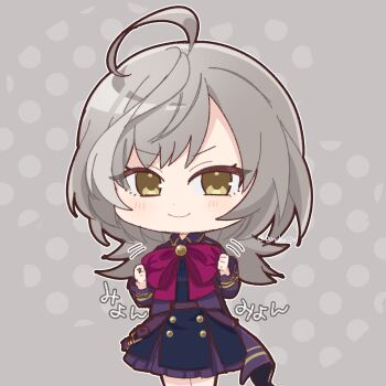 Rule 34 | >:), 1girl, adjusting bowtie, ahoge, assault lily, belt, black skirt, blue shirt, blush, bow, bowtie, chibi, closed mouth, collared jacket, commentary request, cowboy shot, grey background, grey hair, hands up, high-waist skirt, highres, jacket, jewelry, long hair, long sleeves, looking at viewer, motion lines, multicolored hair, official alternate costume, open clothes, open jacket, polka dot, polka dot background, ponokaijo, purple belt, purple jacket, red bow, red bowtie, ring, sasaki ran, shirt, skirt, solo, standing, streaked hair, translation request, v-shaped eyebrows, yellow eyes