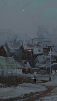 1girl backpack bag black_pants blonde_hair building canvas_texture chimney coat commentary english_commentary facing_away fence from_behind grass highres house muted_color original outdoors pants path quiet_victories road scenery shoulder_bag signature smog smoke snow solo standing white_coat wide_shot