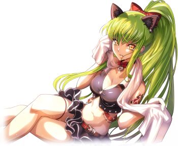 1girl animal_ear_fluff animal_ears arm_tattoo artist_request bare_shoulders belt black_shirt black_skirt bow bowtie breasts c.c. cat_ears cat_girl cleavage code_geass code_geass:_lost_stories collarbone crop_top cropped_legs crossed_legs earrings female_focus game_cg green_hair hair_between_eyes hair_bow hands_up high_ponytail highres holding holding_towel jewelry legs locket long_hair looking_at_viewer medium_breasts midriff miniskirt navel non-web_source official_art parted_lips pendant plaid_bow ponytail red_bow red_bowtie shirt sidelocks simple_background single_earring sitting skirt sleeveless sleeveless_shirt solo stomach sweat tattoo teeth thigh_strap thighs towel towel_around_neck transparent_background very_long_hair wiping_face yellow_eyes
