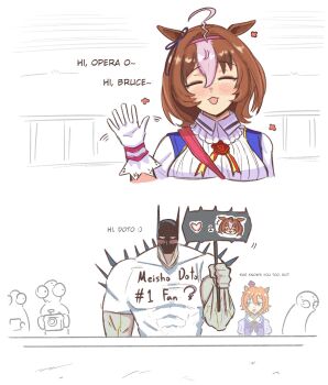 1boy 2girls 3others absolute_batman absolute_dc ahoge animal_ears batman batman_(series) between_breasts blue_dress blush bow breasts brown_hair camera closed_mouth cowl crossover crown dc_comics dress ear_ribbon gloves hair_between_eyes hairband headband heart highres holding holding_camera holding_sign horse_ears horse_girl johnholl0w mask medium_hair meisho_doto_(turbulent_blue)_(umamusume) meisho_doto_(umamusume) mini_crown multicolored_hair multiple_girls multiple_others open_mouth orange_hair pink_crown pink_hairband pink_headband puffy_short_sleeves puffy_sleeves purple_bow purple_eyes purple_shirt sailor_collar sailor_shirt school_uniform shirt short_hair short_sleeves sign smile spikes strap_between_breasts superhero_costume t.m._opera_o_(umamusume) tracen_school_uniform two-tone_hair upper_body waving white_dress white_gloves white_hair white_sailor_collar white_shirt