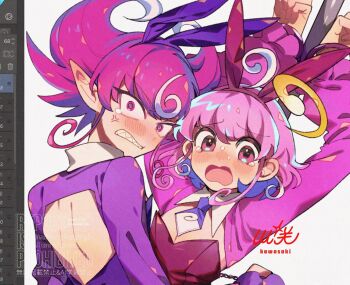 1boy 1girl artist_name blush breasts character_request clenched_teeth commentary_request copyright_request cuffs handcuffs highres kawasaki_(kwsk_8765) looking_at_viewer looking_back male_playboy_bunny medium_hair necktie pink_hair playboy_bunny purple_hair sharp_teeth small_breasts tearing_up tears teeth upper_body