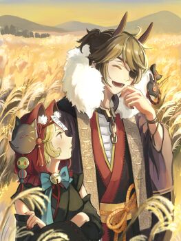 1boy 1girl :d ahoge animal_ear_fluff animal_hood bandaged_torso bell black_kimono blonde_hair blue_bow blue_bowtie bow bowtie brown_hair chain closed_eyes collar crossed_arms demon_horns detached_sleeves eyepatch fang fingernails fox_hood fox_mask fur-trimmed_jacket fur_trim hanaochi_pic haori head_tilt highres hood horns identity_v jacket japanese_clothes kimono laughing looking_at_another luca_balsa mask metal_collar neck_bell official_alternate_costume oni open_mouth ponytail red_hood red_horns red_nails sharp_fingernails short_ponytail sleeveless sleeveless_kimono smile tracy_reznik wheat_field yellow_eyes