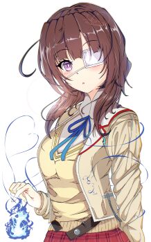 1girl absurdres blue_fire blue_ribbon blush breasts brown_hair commentary_request eyepatch fire heaven_burns_red highres hiiragi_kozue holding jacket long_hair looking_at_viewer medical_eyepatch medium_hair plaid_clothes plaid_skirt purple_eyes red_skirt ribbon school_uniform shirt simple_background skirt solo sweater takato_(takato_kwhra) white_background white_shirt